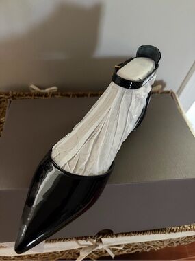 Franco Sarto Black Patent Pointed-Toe Ankle-Strap Flat